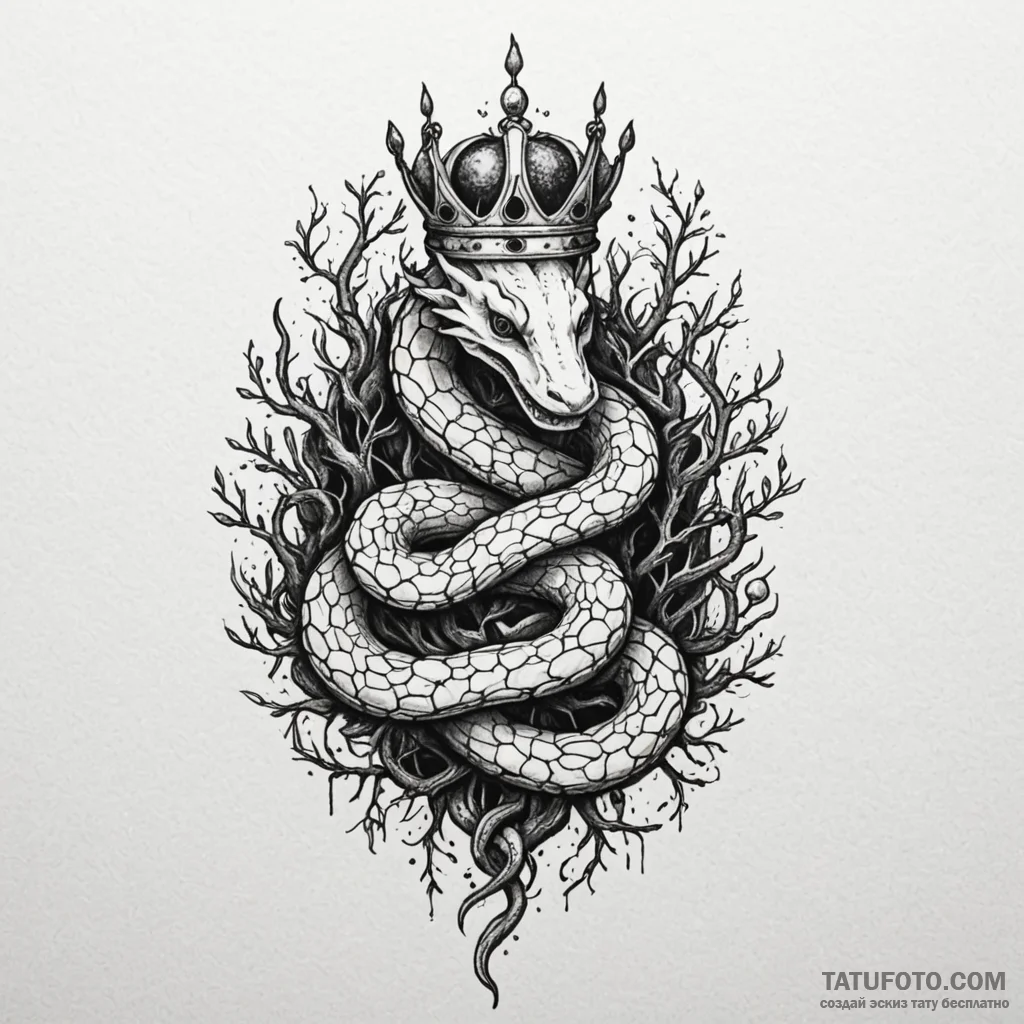 Haunted serpent crowned with roots, tattoo sk... - эскиз тату (№1749966366_0, 15.06.2025 05:46) — Tatufoto.com