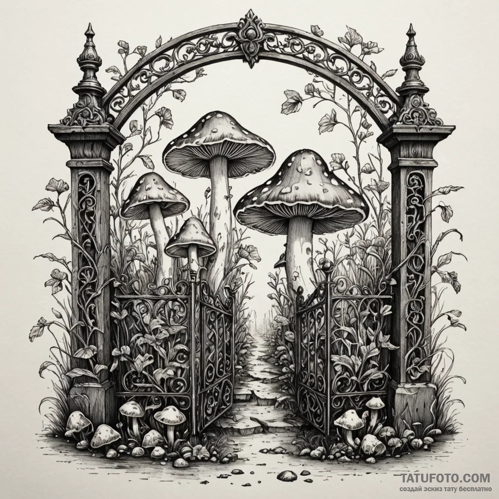 Mushroom stalks beneath iron gate, ink illust... - эскиз тату (№1749968979_0, 15.06.2025 06:29) — Tatufoto.com