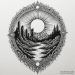 Blood sun rising behind ruins, ink illustrati… — эскиз тату (№1749970902_0, 15.06.2025 07:01) — Tatufoto.com