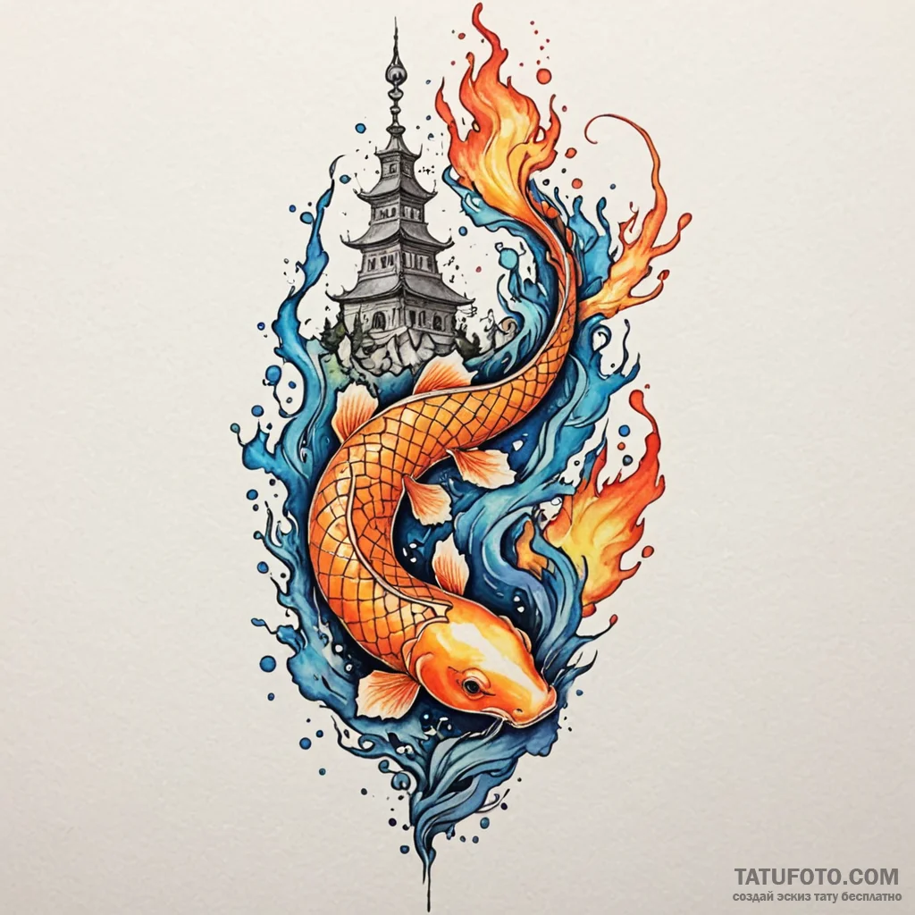 Koi serpent through burning spire, tattoo dra... - эскиз тату (№1749971245_0, 15.06.2025 07:07) — Tatufoto.com