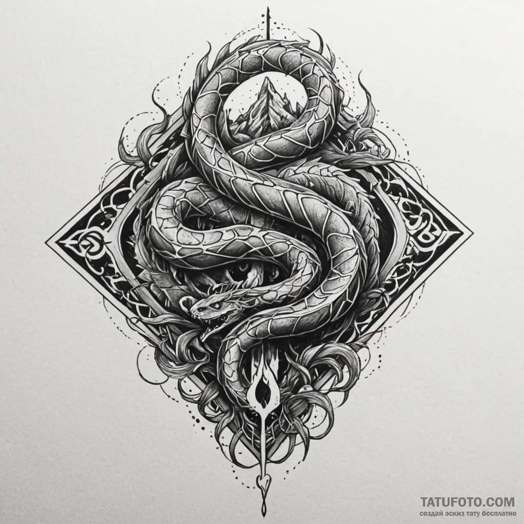 Iron serpent beneath burning sky, tattoo flas... - эскиз тату (№1749972733_0, 15.06.2025 07:32) — Tatufoto.com