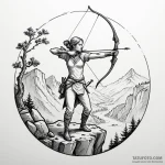 A lone archer poised on a cliff, drawing a gl… — эскиз тату (№1749980400_0, 15.06.2025 09:40) — Tatufoto.com