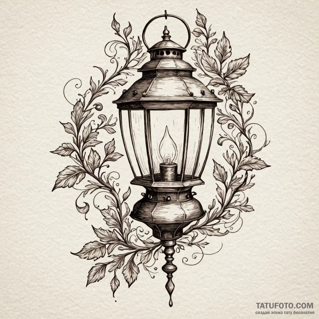 Oak lantern flickering in wind, artistic tatt... - эскиз тату (№1749983709_0, 15.06.2025 10:35) — Tatufoto.com