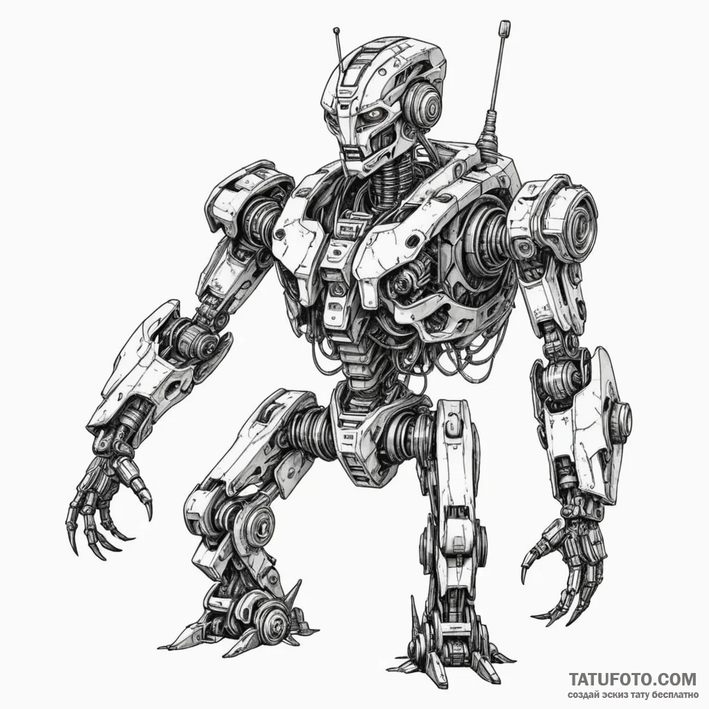 Fighting robot from a junkyard, patched with... - эскиз тату (№1749984515_0, 15.06.2025 10:48) — Tatufoto.com