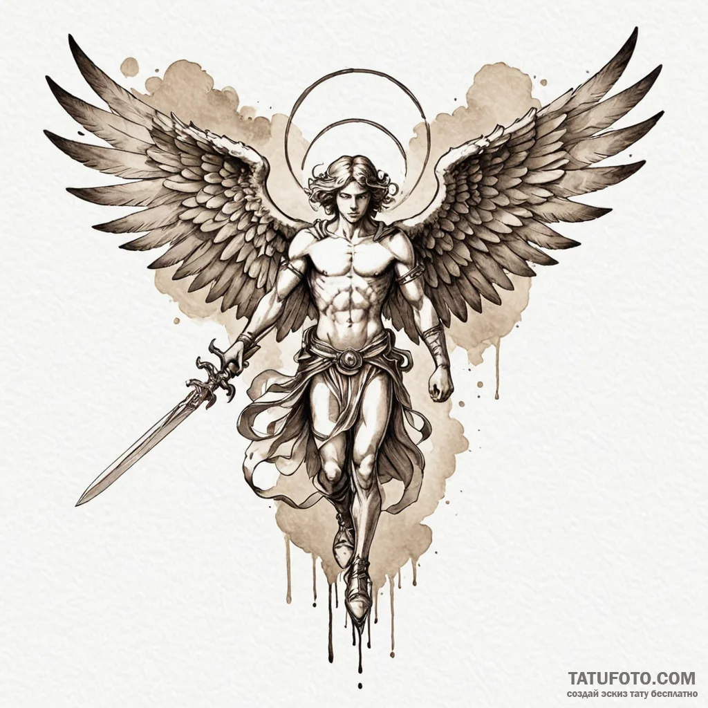 Archangel's sword piercing a dark cloud, ink... - эскиз тату (№1749989336_0, 15.06.2025 12:08) — Tatufoto.com
