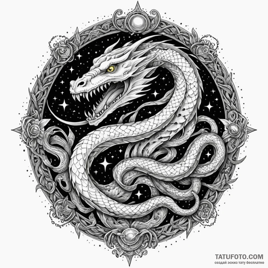Shadow serpent devouring stars, ink illustrat... - эскиз тату (№1749990839_0, 15.06.2025 12:33) — Tatufoto.com