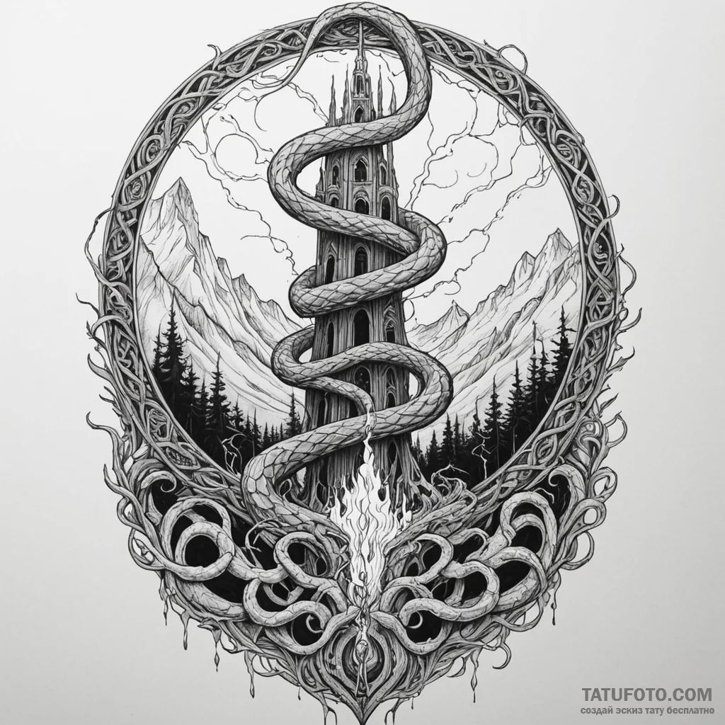 Nether serpent beneath spectral spire, ink il... - эскиз тату (№1749994402_0, 15.06.2025 13:33) — Tatufoto.com