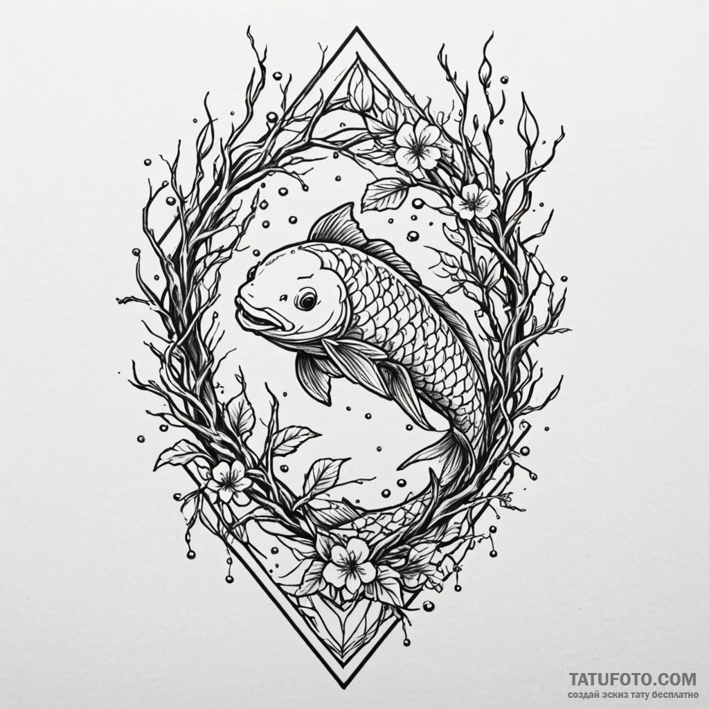 Koi swimming through thorned branches, ink il... - эскиз тату (№1750002047_0, 15.06.2025 15:40) — Tatufoto.com