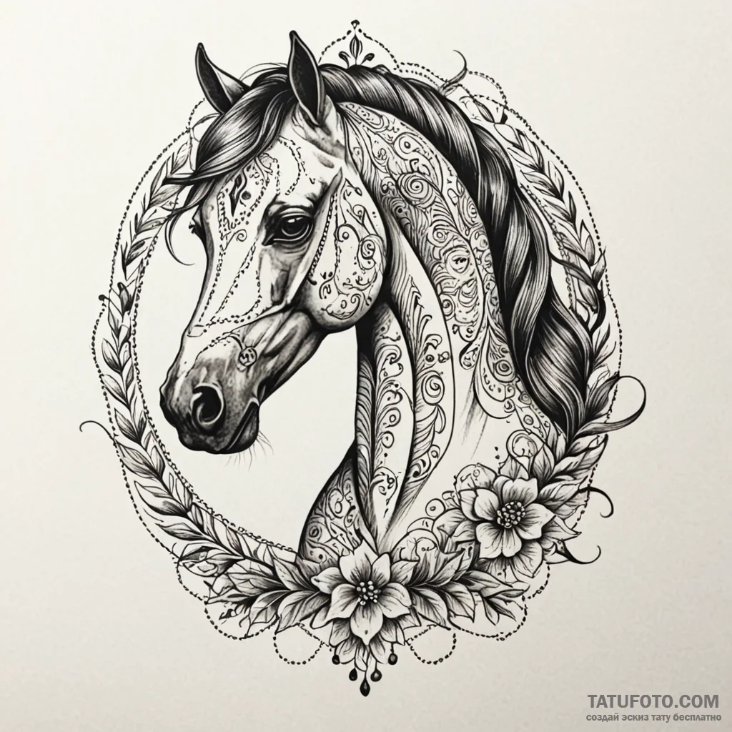 Horse, tattoo drawing outline, on a clean whi... - эскиз тату (№1750003752_0, 15.06.2025 16:09) — Tatufoto.com
