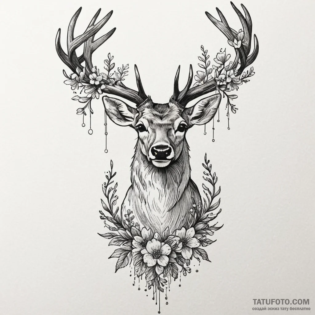 Deer with antlers that bloom with seasonal fl... - эскиз тату (№1750004702_0, 15.06.2025 16:25) — Tatufoto.com
