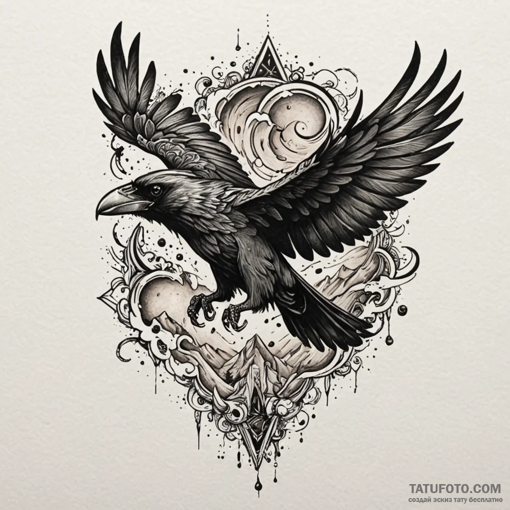 Ashen raven flying through void storm, tattoo... - эскиз тату (№1750016403_0, 15.06.2025 19:40) — Tatufoto.com