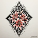 Burning lilies on gravestone, artistic tattoo… — эскиз тату (№1750017360_0, 15.06.2025 19:56) — Tatufoto.com