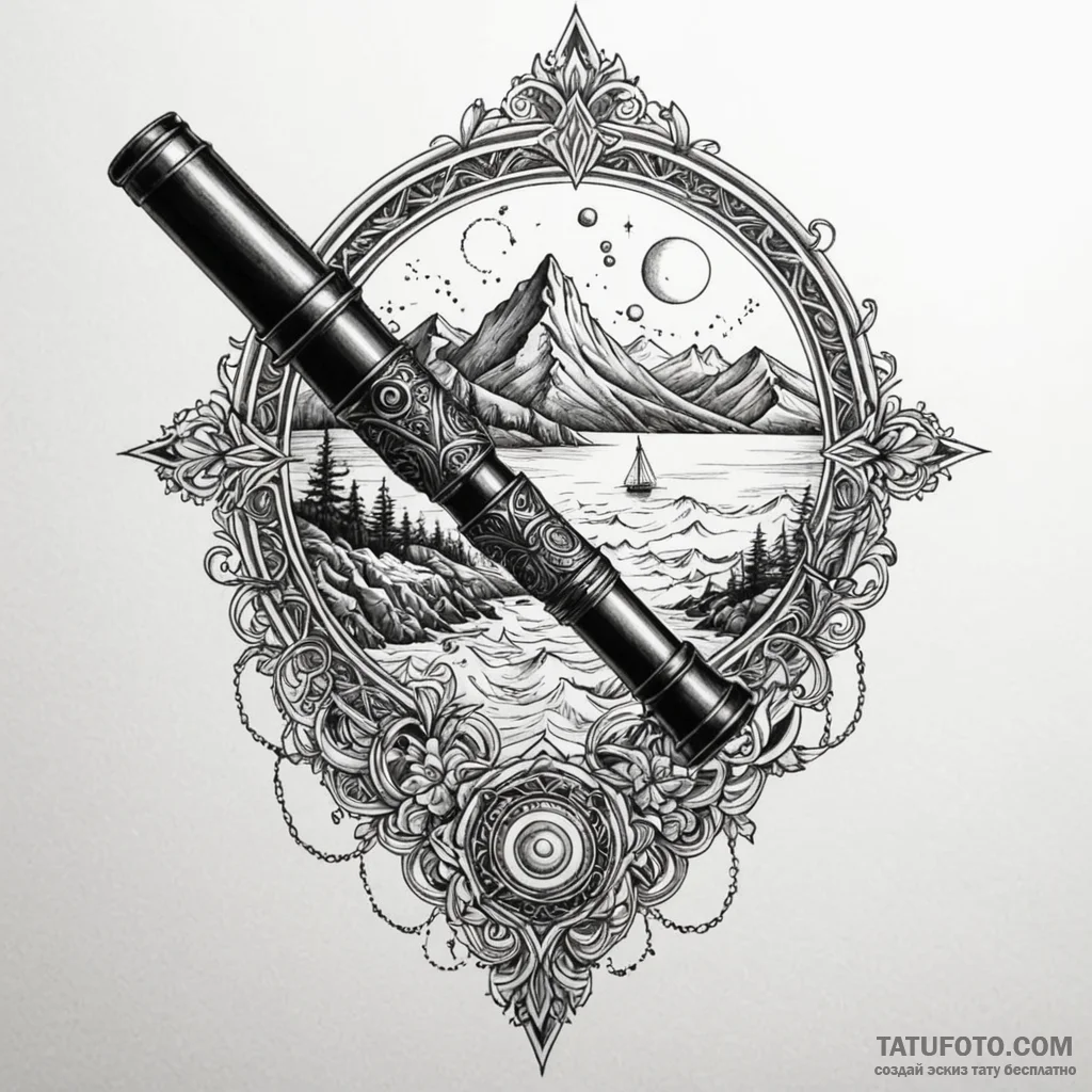 Spyglass, focused on a distant shore, tattoo... - эскиз тату (№1750018660_0, 15.06.2025 20:17) — Tatufoto.com
