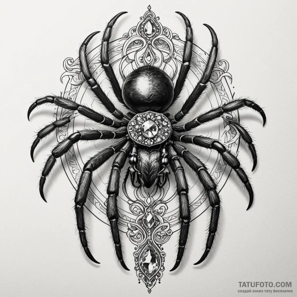 Tarantula with a jewel on its abdomen, tattoo... - эскиз тату (№1750018802_0, 15.06.2025 20:20) — Tatufoto.com