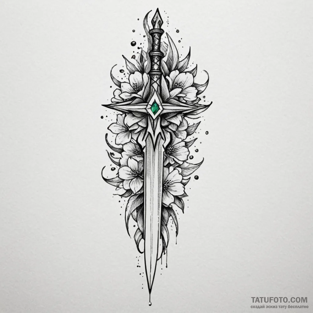Emerald dagger within shattered bloom, tattoo... - эскиз тату (№1750020868_0, 15.06.2025 20:54) — Tatufoto.com