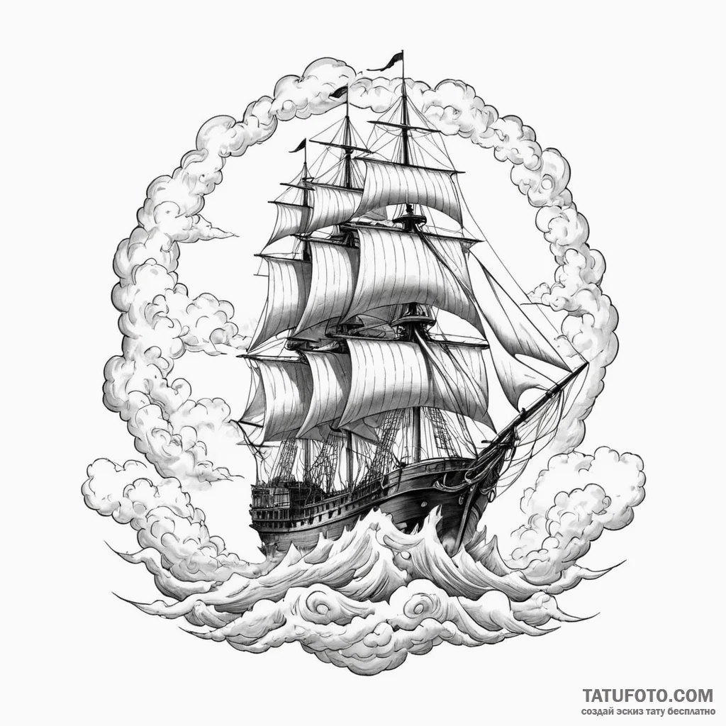 Frigate ship sailing on a sea of clouds, arti... - эскиз тату (№1750025397_0, 15.06.2025 22:09) — Tatufoto.com