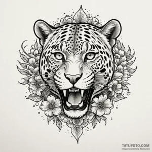 Jaguar fang through celestial bloom, concept... - эскиз тату (№1750044361_0, 16.06.2025 03:26) — Tatufoto.com