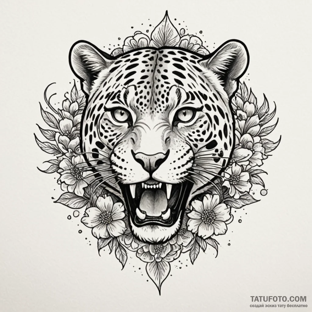 Jaguar fang through celestial bloom, concept... - эскиз тату (№1750044361_0, 16.06.2025 03:26) — Tatufoto.com