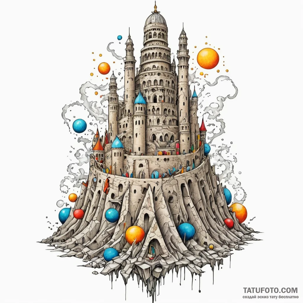 Tower of babel, unfinished and crumbling, tat... - эскиз тату (№1750047942_0, 16.06.2025 04:25) — Tatufoto.com