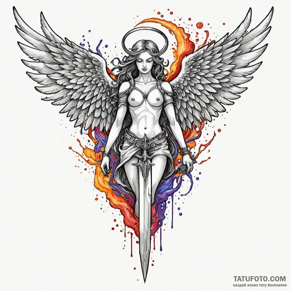 Archangel's sword piercing a dark cloud, tatt... - эскиз тату (№1750048789_0, 16.06.2025 04:39) — Tatufoto.com