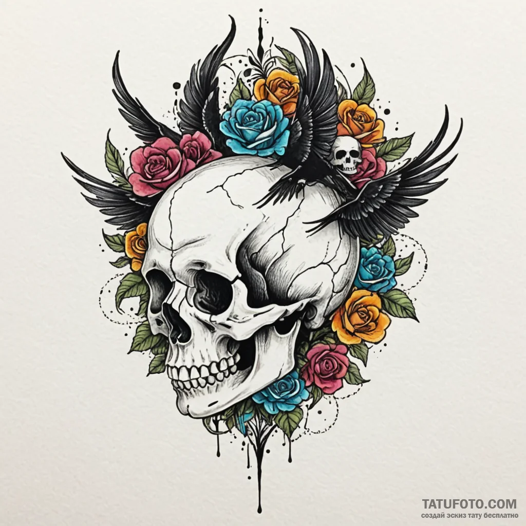 A whimsical bird on a skull, macabre,, tattoo... - эскиз тату (№1750050685_0, 16.06.2025 05:11) — Tatufoto.com