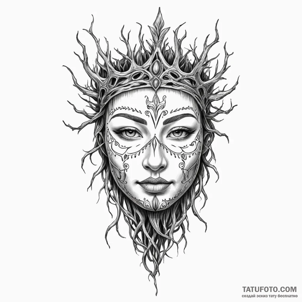 Engraved mask crowned with roots, artistic ta... - эскиз тату (№1750050751_0, 16.06.2025 05:12) — Tatufoto.com