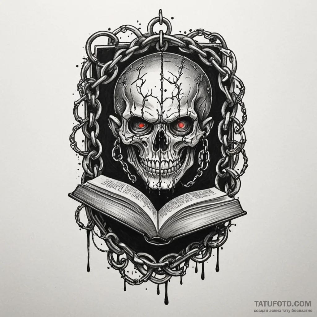 Cursed book bound in chains, tattoo flash she... - эскиз тату (№1750053316_0, 16.06.2025 05:55) — Tatufoto.com