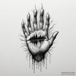 Ghostly hand reaching out from a foggy lake,... - эскиз тату (№1750056883_0, 16.06.2025 06:54) — Tatufoto.com