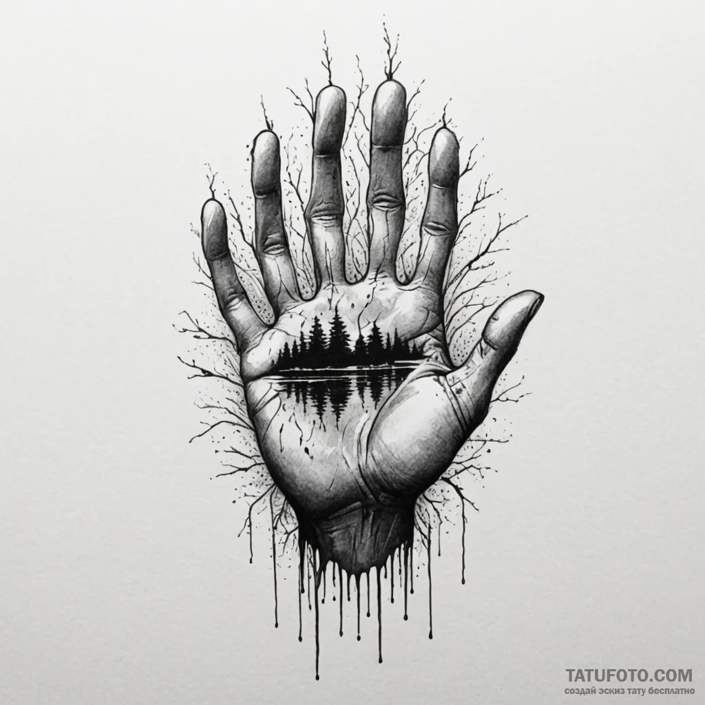 Ghostly hand reaching out from a foggy lake,... - эскиз тату (№1750056883_0, 16.06.2025 06:54) — Tatufoto.com