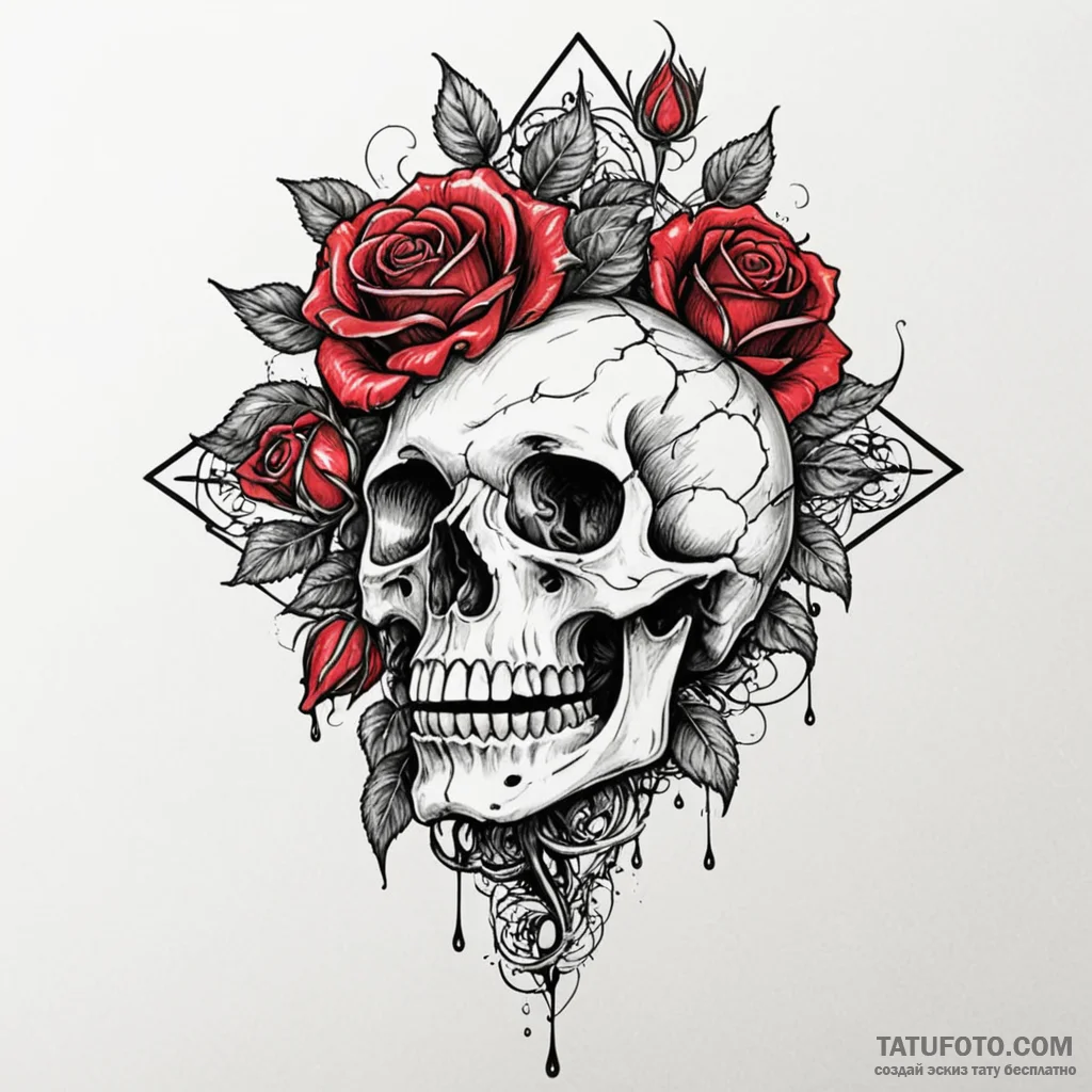 Crimson rose blooming from skull, tattoo sket... - эскиз тату (№1750057089_0, 16.06.2025 06:58) — Tatufoto.com