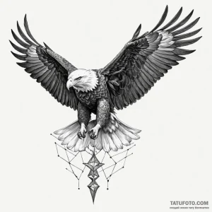 A proud bald eagle in flight, wings spread wi... - эскиз тату (№1750057292_0, 16.06.2025 07:01) — Tatufoto.com