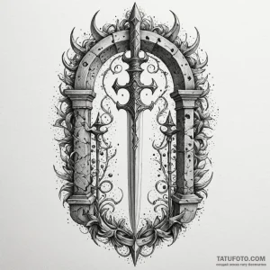 Dagger pierced through ancient gate, artistic... - эскиз тату (№1750057425_0, 16.06.2025 07:03) — Tatufoto.com