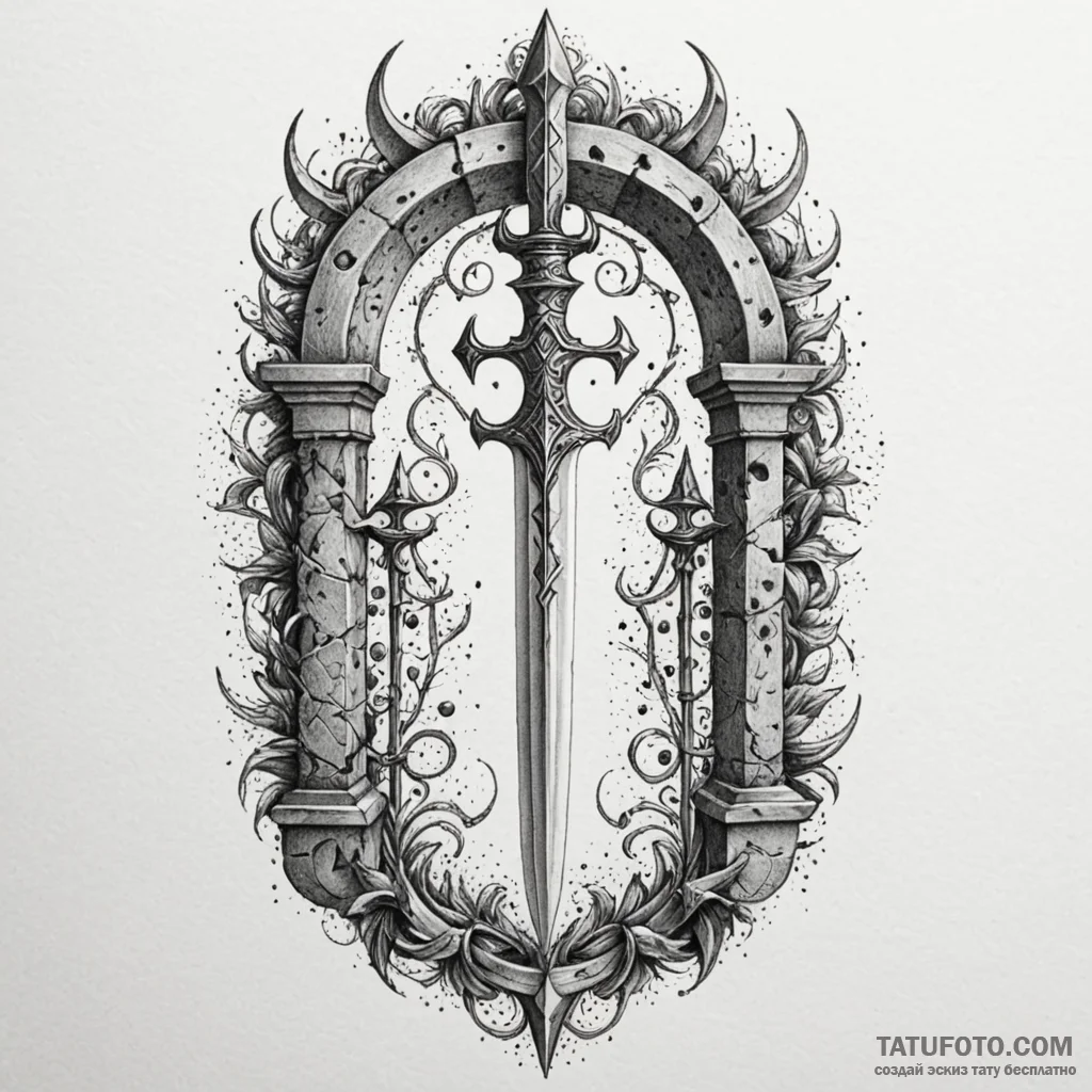 Dagger pierced through ancient gate, artistic... - эскиз тату (№1750057425_0, 16.06.2025 07:03) — Tatufoto.com