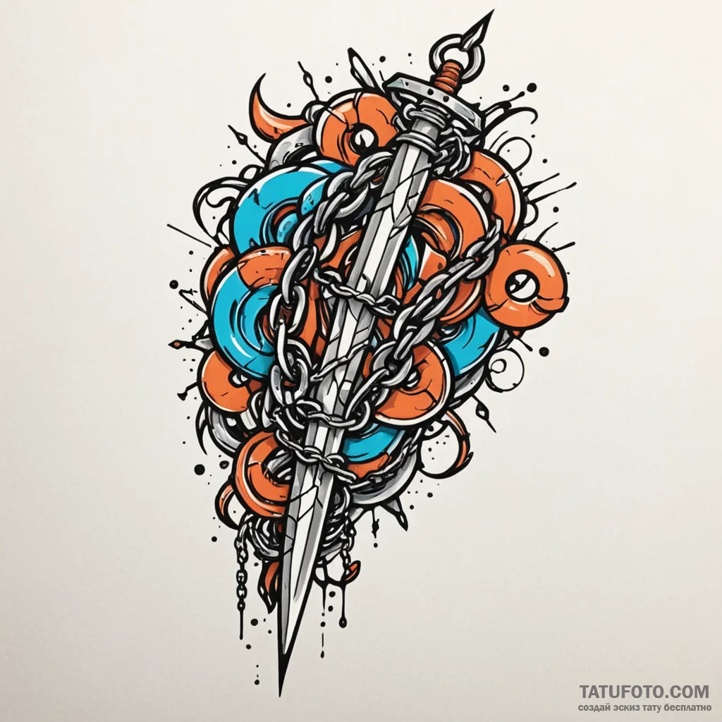 Fractured blade bound by chains, tattoo line... - эскиз тату (№1750077849_0, 16.06.2025 12:44) — Tatufoto.com