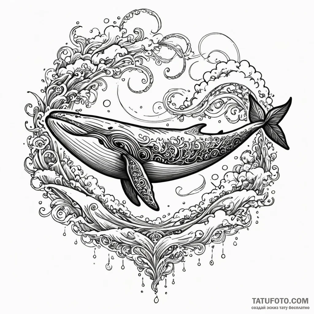 A whale swimming through clouds, tattoo sketc... - эскиз тату (№1750077915_0, 16.06.2025 12:45) — Tatufoto.com