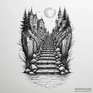 Stairway leading to a submerged city, concept... - эскиз тату (№1750078828_0, 16.06.2025 13:00) — Tatufoto.com