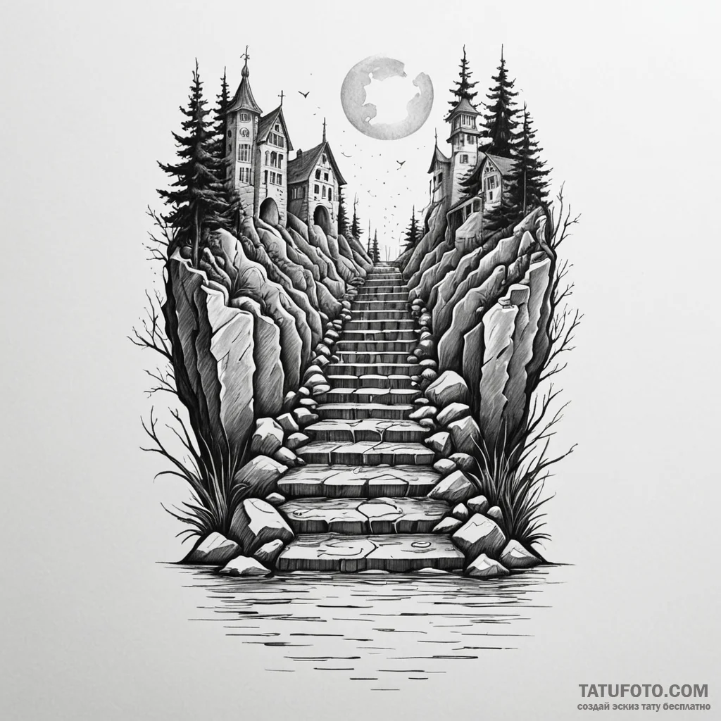 Stairway leading to a submerged city, concept... - эскиз тату (№1750078828_0, 16.06.2025 13:00) — Tatufoto.com