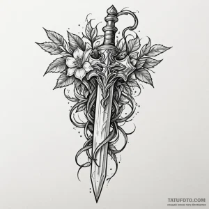 Crystal dagger wrapped in vines, tattoo flash... - эскиз тату (№1750079282_0, 16.06.2025 13:08) — Tatufoto.com
