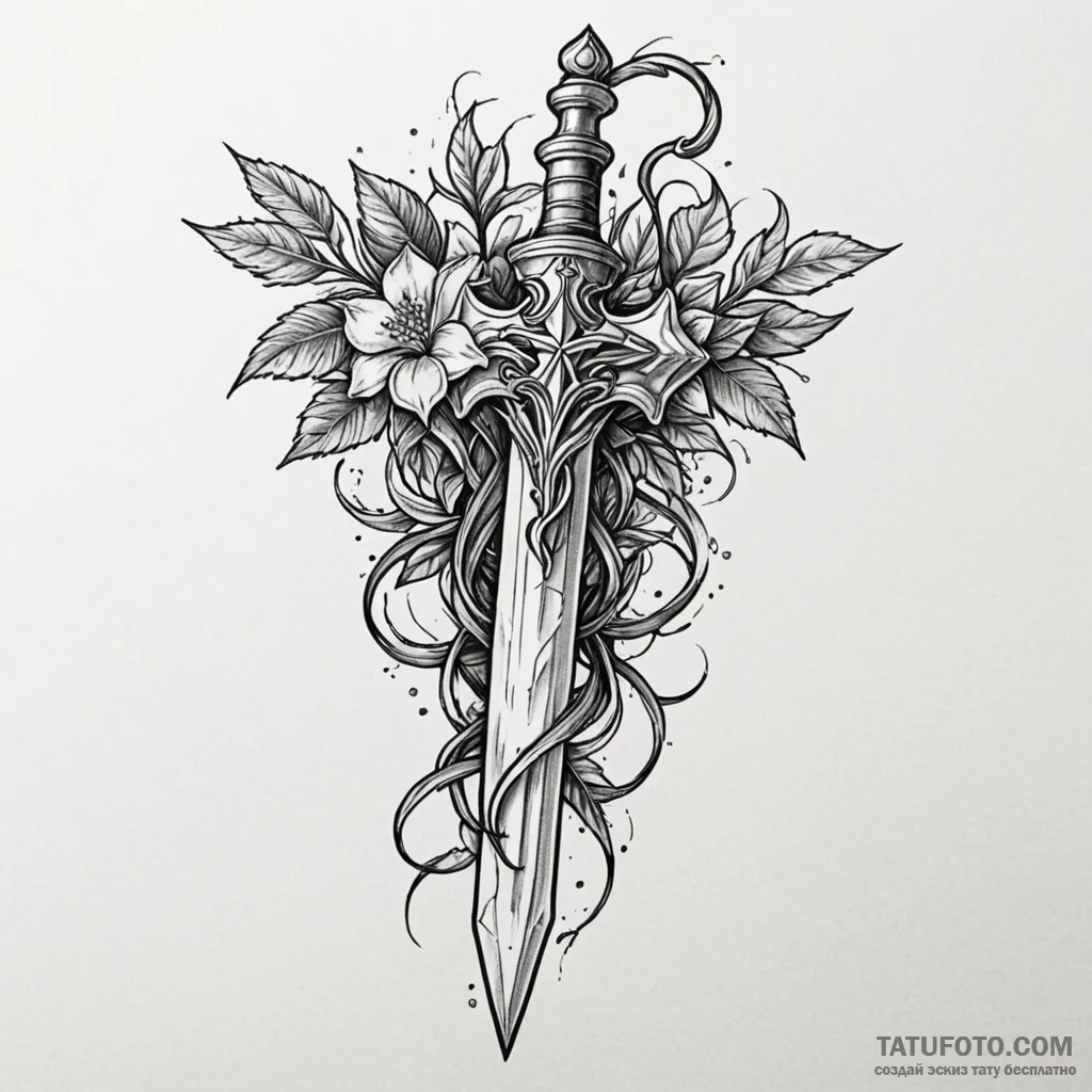 Crystal dagger wrapped in vines, tattoo flash... - эскиз тату (№1750079282_0, 16.06.2025 13:08) — Tatufoto.com