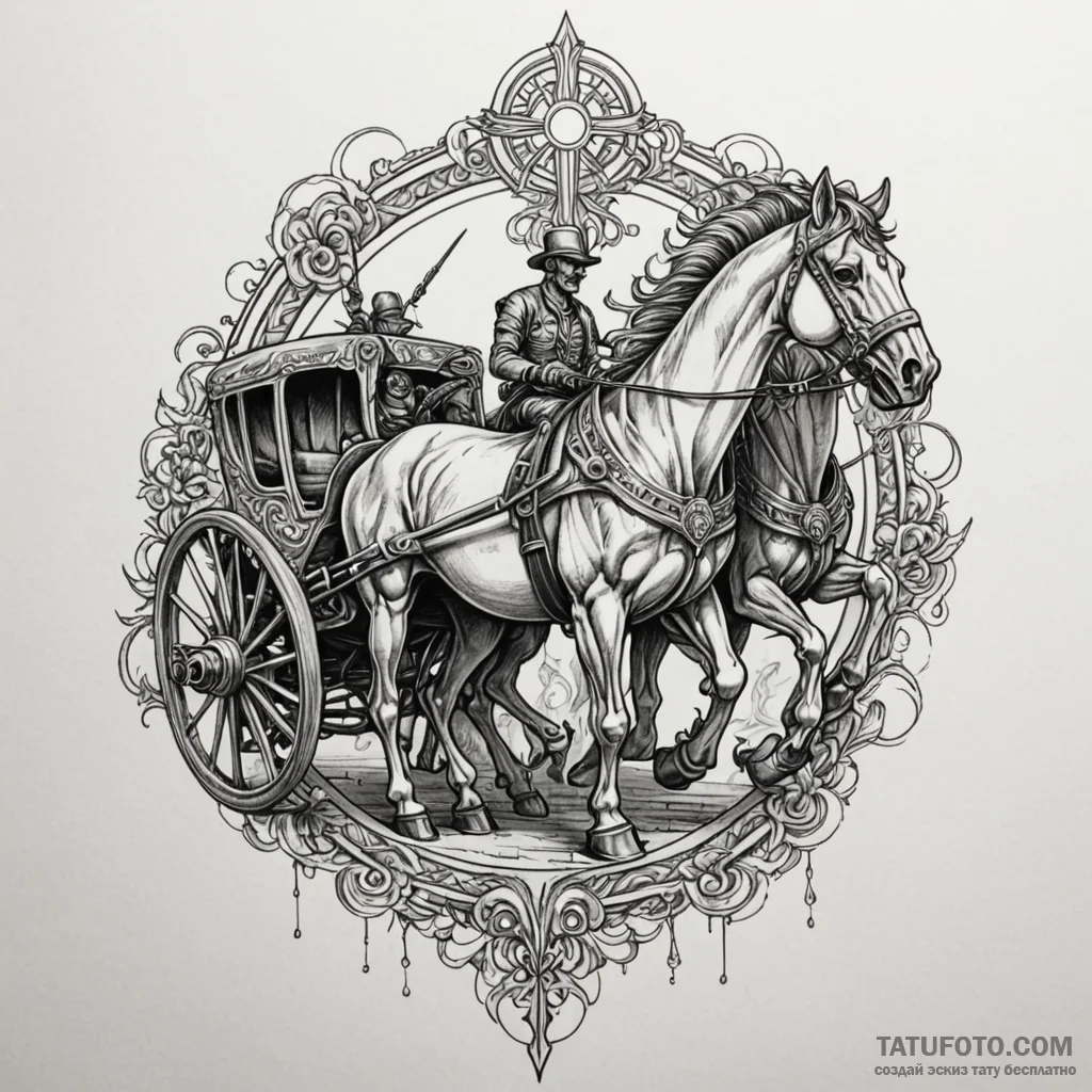 Chariot pulled by skeletal horses, wheels abl... - эскиз тату (№1750080305_0, 16.06.2025 13:25) — Tatufoto.com