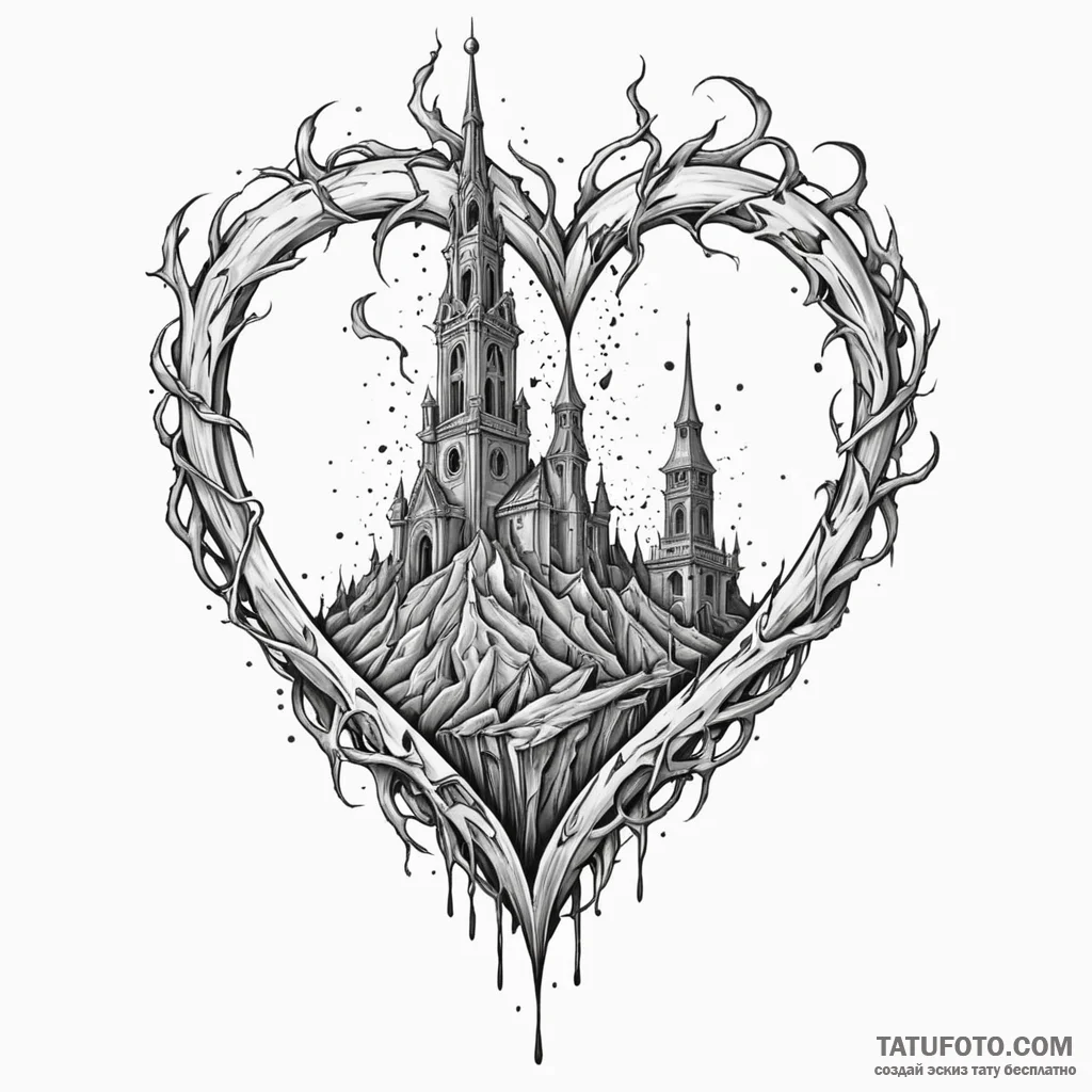 Molten heart beneath shattered spire, ink ill... - эскиз тату (№1750080590_0, 16.06.2025 13:29) — Tatufoto.com