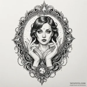 A hand mirror reflecting a ghostly figure, ta... - эскиз тату (№1750082056_0, 16.06.2025 13:54) — Tatufoto.com