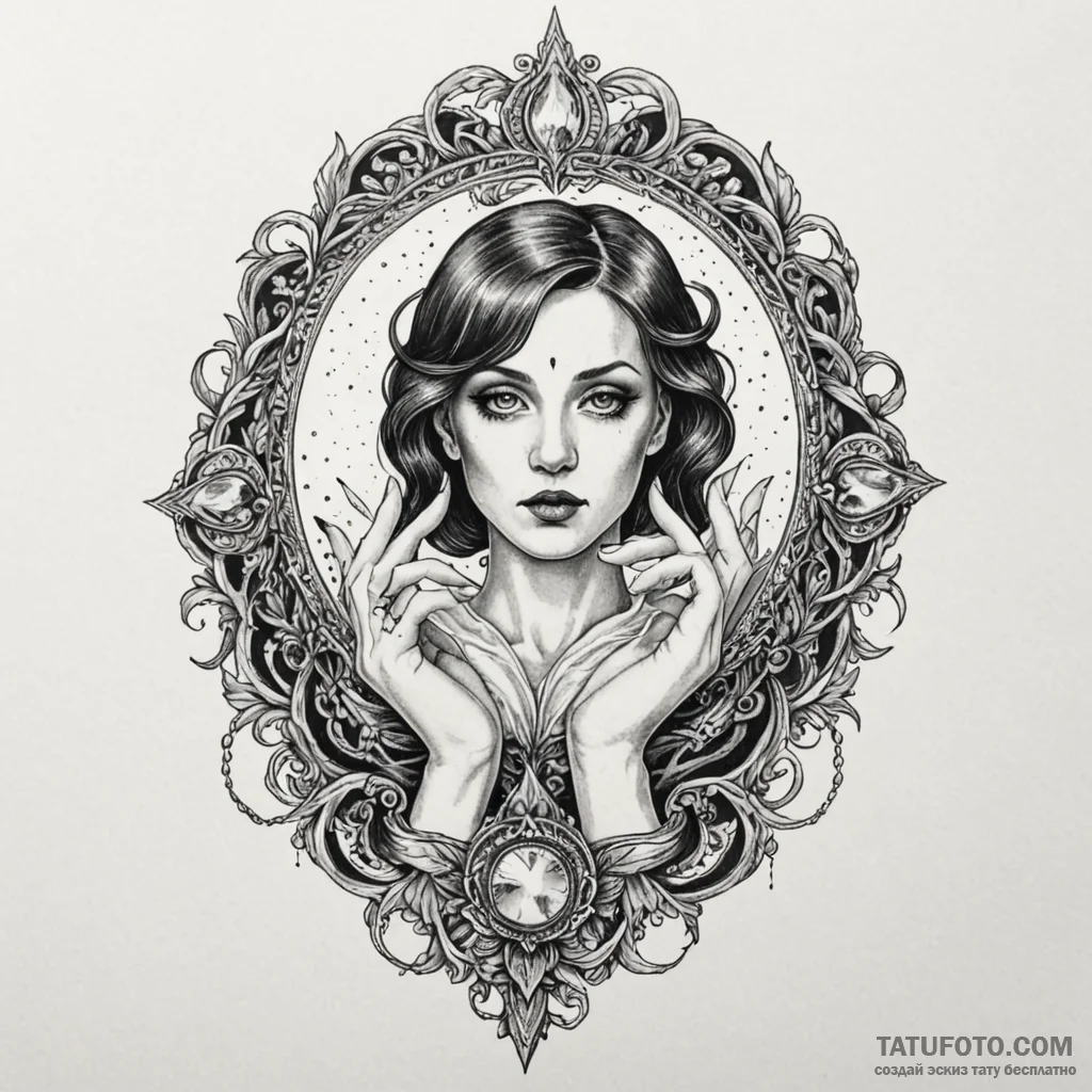 A hand mirror reflecting a ghostly figure, ta... - эскиз тату (№1750082056_0, 16.06.2025 13:54) — Tatufoto.com