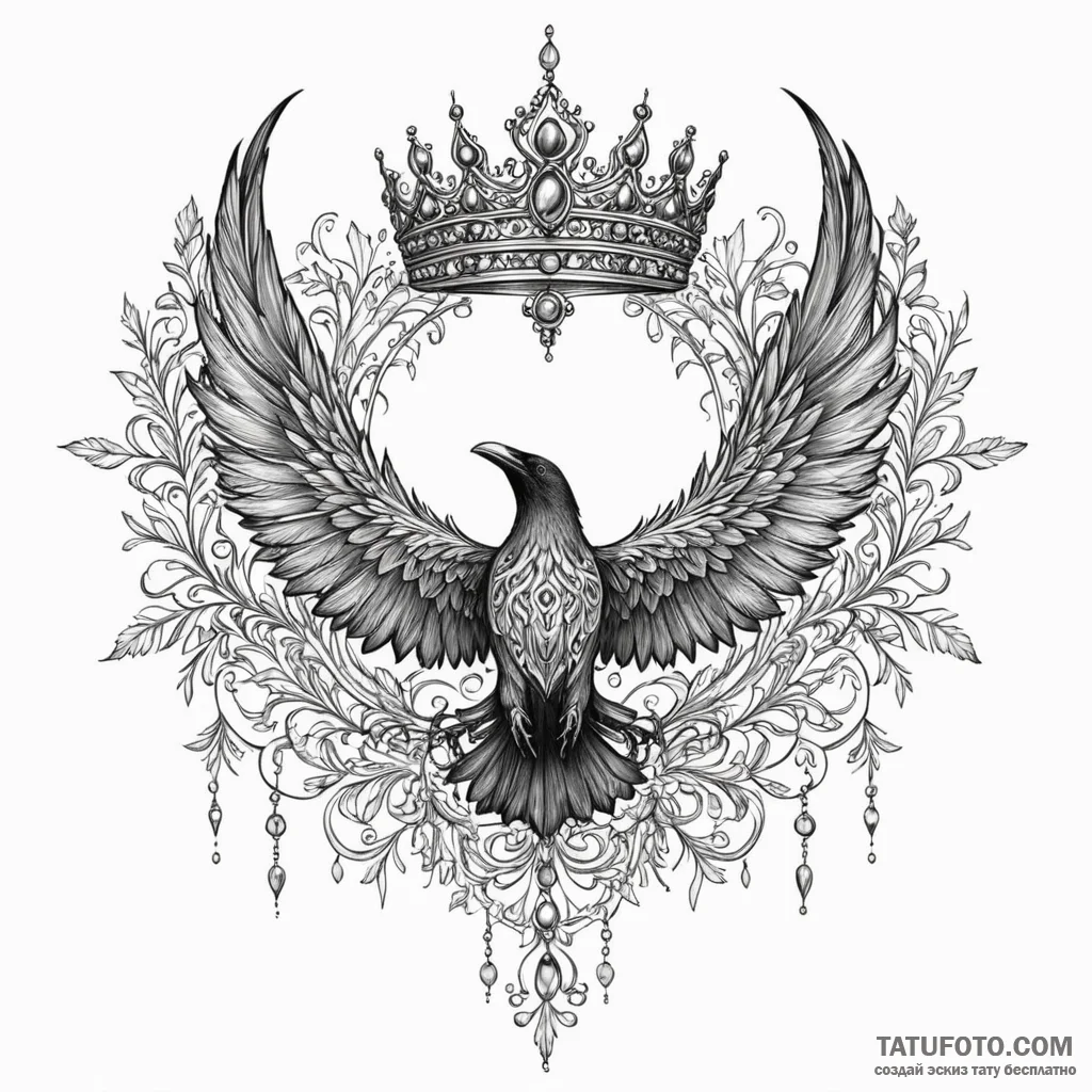 Crown of ravens circling sky, tattoo line art... - эскиз тату (№1750082121_0, 16.06.2025 13:55) — Tatufoto.com