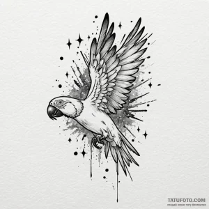 Parrot feathers drifting through stars, ink i... - эскиз тату (№1750083078_0, 16.06.2025 14:11) — Tatufoto.com