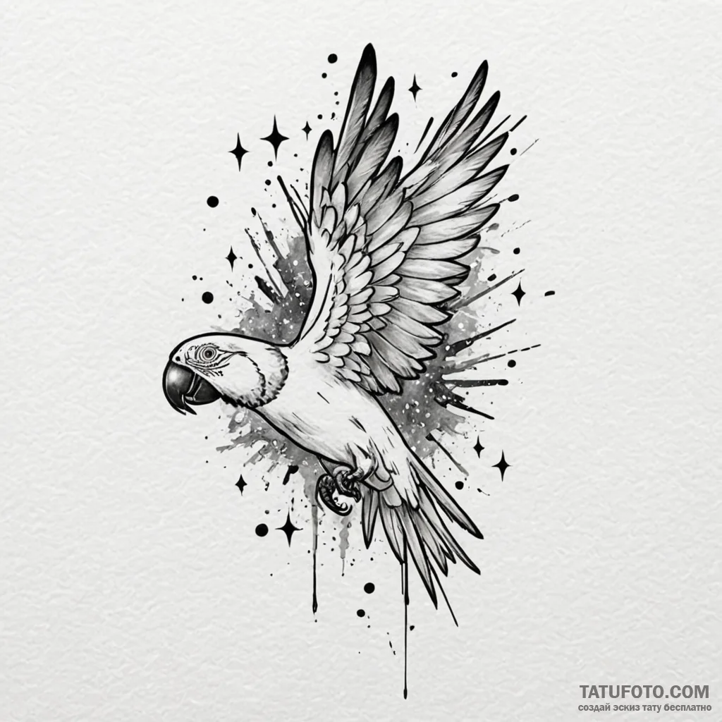Parrot feathers drifting through stars, ink i... - эскиз тату (№1750083078_0, 16.06.2025 14:11) — Tatufoto.com