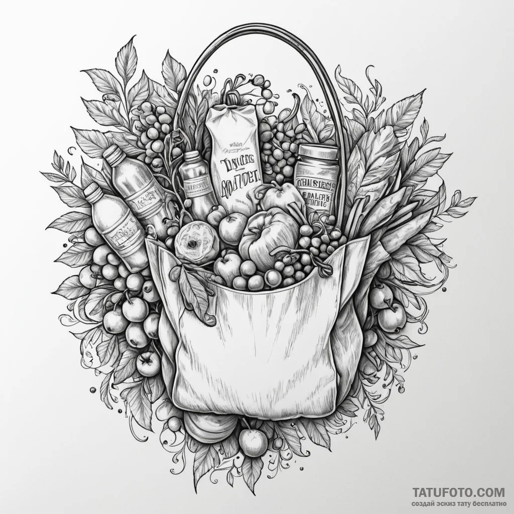 A detailed bag of groceries spilling, mishap,... - эскиз тату (№1750083204_0, 16.06.2025 14:13) — Tatufoto.com