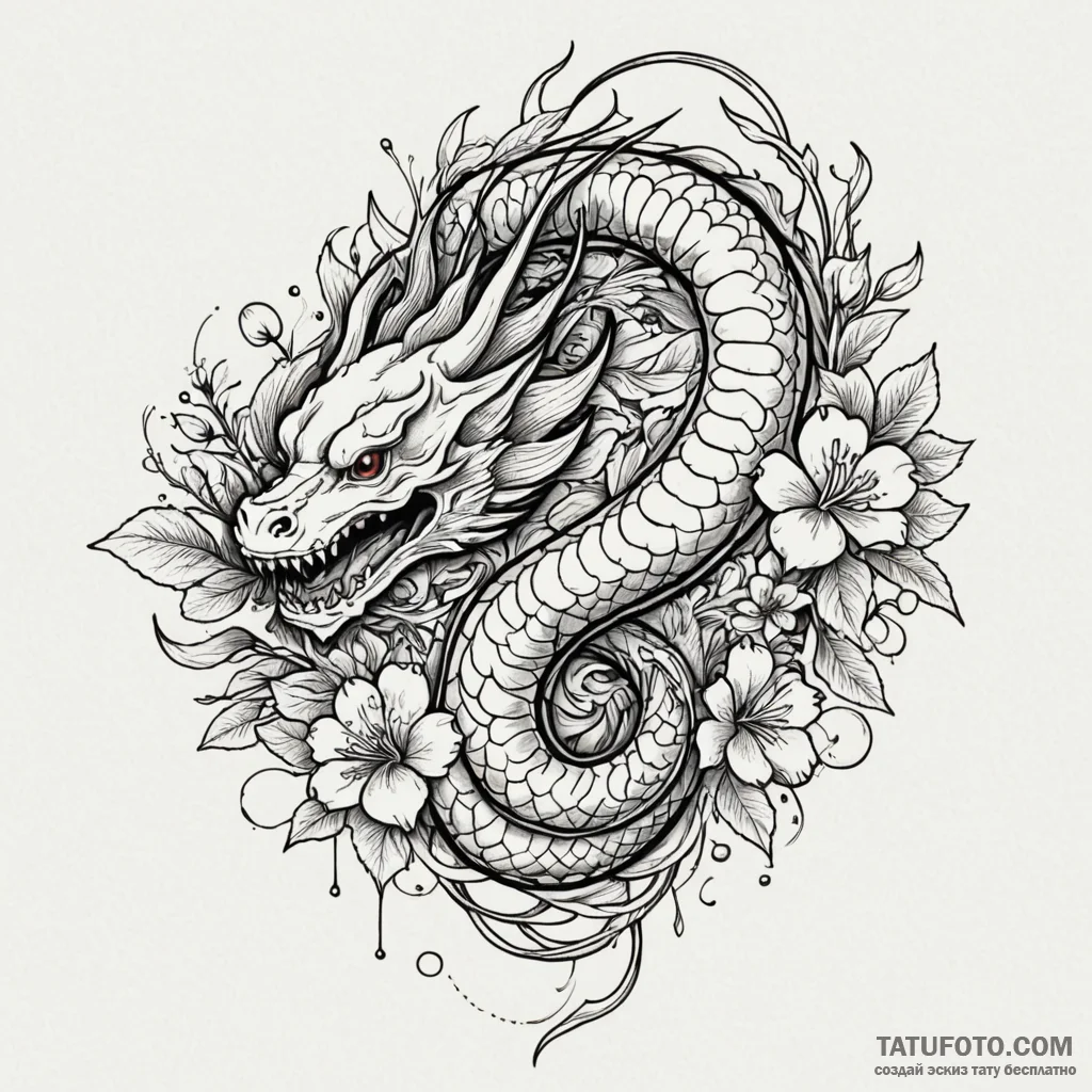 Lizard skeleton curled in bloom, ink illustra... - эскиз тату (№1750084929_0, 16.06.2025 14:42) — Tatufoto.com