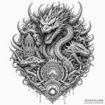 Kaiju crushing ancient city, tattoo line art,… — эскиз тату (№1750085870_0, 16.06.2025 14:57) — Tatufoto.com