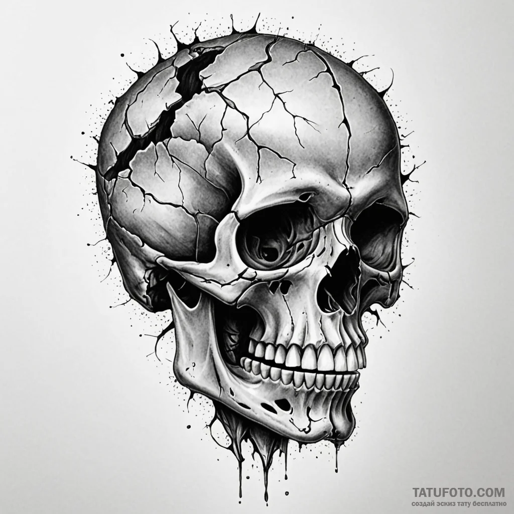 Ashen skull with cracked jaw, ink illustratio... - эскиз тату (№1750087469_0, 16.06.2025 15:24) — Tatufoto.com